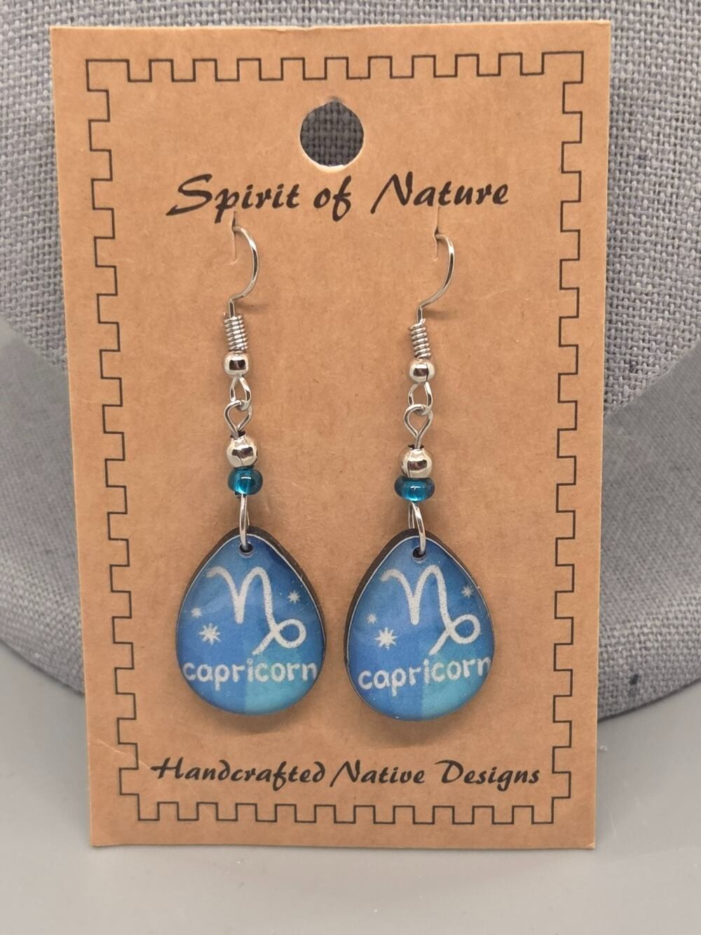 Spirit of Nature Earrings CAPRICORN - Astrological Sign- Tear Drop -Blue White